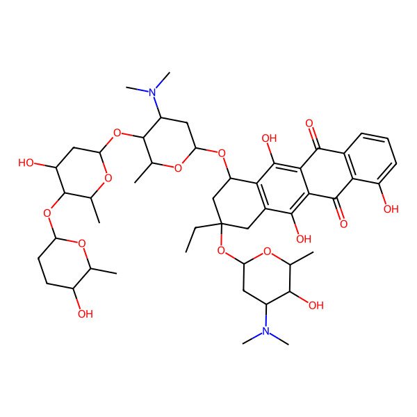 2D Structure of 7-[4-(dimethylamino)-5-[4-hydroxy-5-(5-hydroxy-6-methyloxan-2-yl)oxy-6-methyloxan-2-yl]oxy-6-methyloxan-2-yl]oxy-9-[4-(dimethylamino)-5-hydroxy-6-methyloxan-2-yl]oxy-9-ethyl-1,6,11-trihydroxy-8,10-dihydro-7H-tetracene-5,12-dione