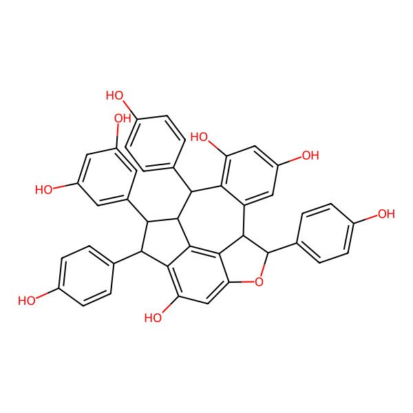 2D Structure of (1R,2R,3S,9R,10R,17R)-2-(3,5-dihydroxyphenyl)-3,9,17-tris(4-hydroxyphenyl)-8-oxapentacyclo[8.7.2.04,18.07,19.011,16]nonadeca-4(18),5,7(19),11(16),12,14-hexaene-5,13,15-triol