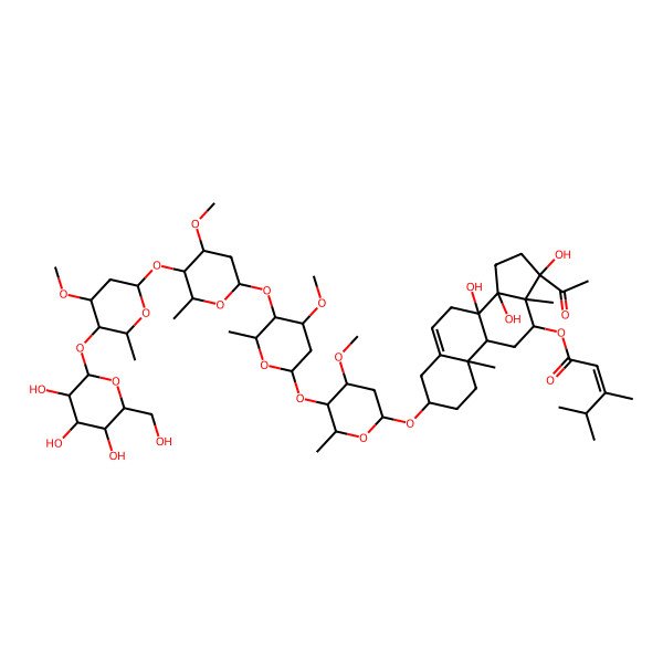 2D Structure of [(3S,8S,9R,10R,12R,13S,14R,17S)-17-acetyl-8,14,17-trihydroxy-3-[(2R,4S,5R,6R)-4-methoxy-5-[(2S,4S,5R,6R)-4-methoxy-5-[(2S,4R,5R,6R)-4-methoxy-5-[(2S,4R,5R,6R)-4-methoxy-6-methyl-5-[(2S,3R,4S,5S,6R)-3,4,5-trihydroxy-6-(hydroxymethyl)oxan-2-yl]oxyoxan-2-yl]oxy-6-methyloxan-2-yl]oxy-6-methyloxan-2-yl]oxy-6-methyloxan-2-yl]oxy-10,13-dimethyl-1,2,3,4,7,9,11,12,15,16-decahydrocyclopenta[a]phenanthren-12-yl] (E)-3,4-dimethylpent-2-enoate