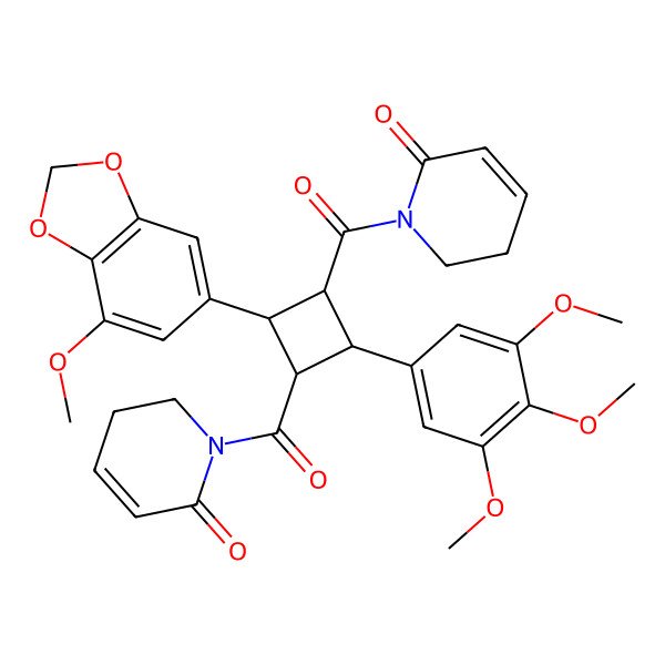 2D Structure of 1-[2-(7-Methoxy-1,3-benzodioxol-5-yl)-3-(6-oxo-2,3-dihydropyridine-1-carbonyl)-4-(3,4,5-trimethoxyphenyl)cyclobutanecarbonyl]-2,3-dihydropyridin-6-one