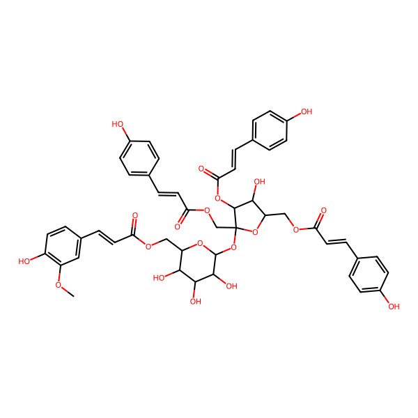 2D Structure of [(2R,3R,4S,5S)-3-hydroxy-4-[(E)-3-(4-hydroxyphenyl)prop-2-enoyl]oxy-5-[[(E)-3-(4-hydroxyphenyl)prop-2-enoyl]oxymethyl]-5-[(2R,3R,4S,5R,6R)-3,4,5-trihydroxy-6-[[(E)-3-(4-hydroxy-3-methoxyphenyl)prop-2-enoyl]oxymethyl]oxan-2-yl]oxyoxolan-2-yl]methyl (E)-3-(4-hydroxyphenyl)prop-2-enoate