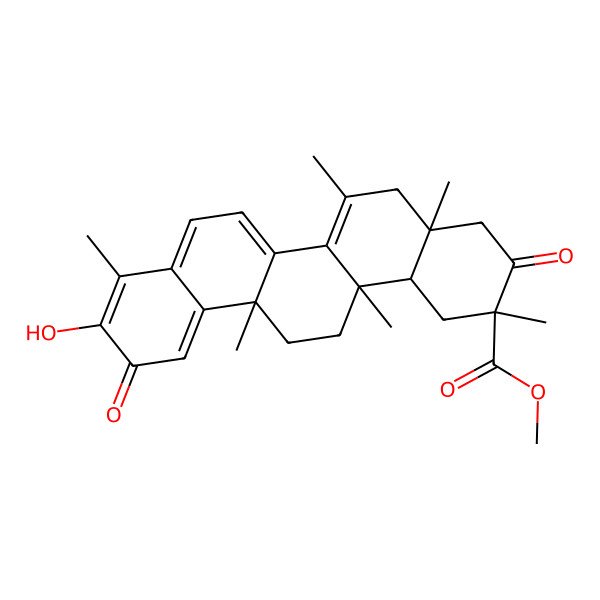 2D Structure of methyl (2S,4aS,6aS,14aS,14bR)-10-hydroxy-2,4a,6,6a,9,14a-hexamethyl-3,11-dioxo-1,4,5,13,14,14b-hexahydropicene-2-carboxylate