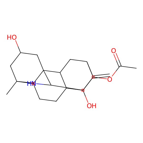 2D Structure of (3,9-Dihydroxy-5-methyl-12-methylidene-7-azahexacyclo[9.6.2.01,8.05,17.09,14.014,18]nonadecan-10-yl) acetate
