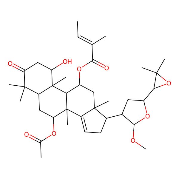 2D Structure of [7-Acetyloxy-17-[5-(3,3-dimethyloxiran-2-yl)-2-methoxyoxolan-3-yl]-1-hydroxy-4,4,8,10,13-pentamethyl-3-oxo-1,2,5,6,7,9,11,12,16,17-decahydrocyclopenta[a]phenanthren-11-yl] 2-methylbut-2-enoate