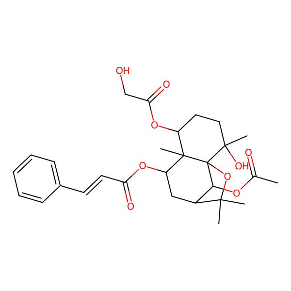 2D Structure of [(1S,2S,5S,6S,7S,9R,12R)-12-acetyloxy-2-hydroxy-5-(2-hydroxyacetyl)oxy-2,6,10,10-tetramethyl-11-oxatricyclo[7.2.1.01,6]dodecan-7-yl] (E)-3-phenylprop-2-enoate