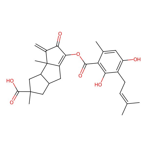 2D Structure of 1-[2,4-dihydroxy-6-methyl-3-(3-methylbut-2-enyl)benzoyl]oxy-3a,5-dimethyl-3-methylidene-2-oxo-4,6,6a,7-tetrahydro-3bH-cyclopenta[a]pentalene-5-carboxylic acid
