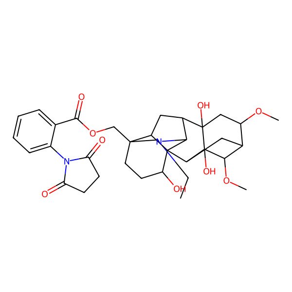 2D Structure of (11-Ethyl-3,8,16-trihydroxy-4,6-dimethoxy-11-azahexacyclo[7.7.2.12,5.01,10.03,8.013,17]nonadecan-13-yl)methyl 2-(2,5-dioxopyrrolidin-1-yl)benzoate