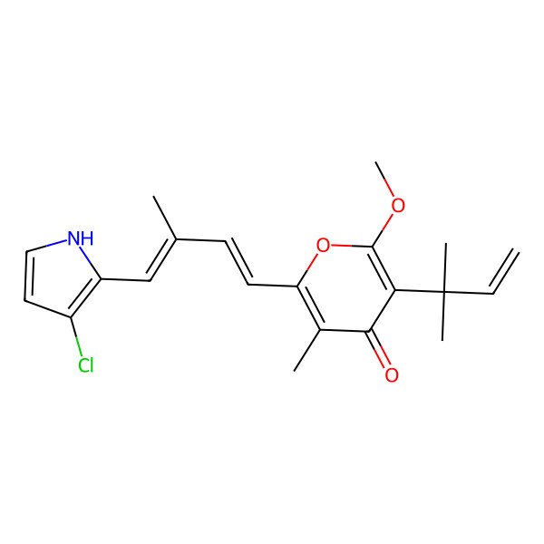 2D Structure of 2-[4-(3-chloro-1H-pyrrol-2-yl)-3-methylbuta-1,3-dienyl]-6-methoxy-3-methyl-5-(2-methylbut-3-en-2-yl)pyran-4-one