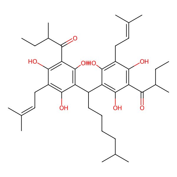 2D Structure of (2R)-2-methyl-1-[2,4,6-trihydroxy-3-(3-methylbut-2-enyl)-5-[6-methyl-1-[2,4,6-trihydroxy-3-[(2R)-2-methylbutanoyl]-5-(3-methylbut-2-enyl)phenyl]heptyl]phenyl]butan-1-one