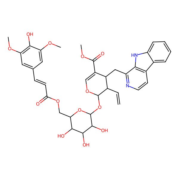 2D Structure of methyl (2S,3R,4S)-3-ethenyl-4-(9H-pyrido[3,4-b]indol-1-ylmethyl)-2-[(2S,3R,4S,5S,6R)-3,4,5-trihydroxy-6-[[(E)-3-(4-hydroxy-3,5-dimethoxyphenyl)prop-2-enoyl]oxymethyl]oxan-2-yl]oxy-3,4-dihydro-2H-pyran-5-carboxylate