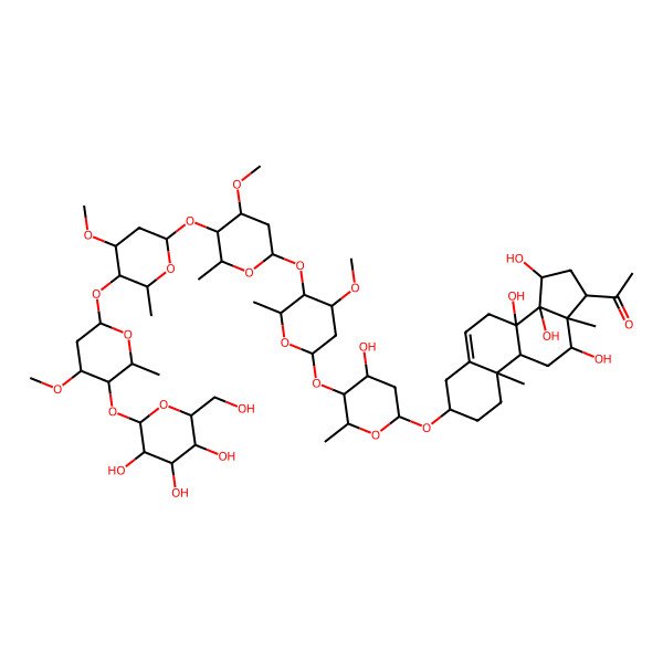 2D Structure of 1-[(3S,8S,9R,10R,12R,13S,14S,15R,17R)-8,12,14,15-tetrahydroxy-3-[(2R,4R,5S,6R)-4-hydroxy-5-[(2S,4R,5R,6R)-4-methoxy-5-[(2S,4R,5R,6R)-4-methoxy-5-[(2S,4S,5R,6R)-4-methoxy-5-[(2S,4R,5R,6R)-4-methoxy-6-methyl-5-[(2S,3R,4R,5S,6R)-3,4,5-trihydroxy-6-(hydroxymethyl)oxan-2-yl]oxyoxan-2-yl]oxy-6-methyloxan-2-yl]oxy-6-methyloxan-2-yl]oxy-6-methyloxan-2-yl]oxy-6-methyloxan-2-yl]oxy-10,13-dimethyl-2,3,4,7,9,11,12,15,16,17-decahydro-1H-cyclopenta[a]phenanthren-17-yl]ethanone