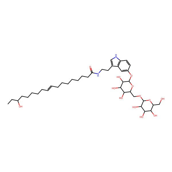 2D Structure of (Z,16S)-16-hydroxy-N-[2-[5-[(2S,3R,4S,5S,6R)-3,4,5-trihydroxy-6-[[(2R,3R,4S,5S,6R)-3,4,5-trihydroxy-6-(hydroxymethyl)oxan-2-yl]oxymethyl]oxan-2-yl]oxy-1H-indol-3-yl]ethyl]octadec-9-enamide