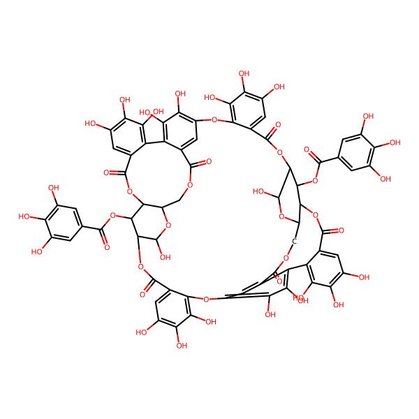 2D Structure of [4,5,6,12,20,21,22,25,26,30,31,32,38,46,47,48,51,52-Octadecahydroxy-9,17,35,43,55,61-hexaoxo-64-(3,4,5-trihydroxybenzoyl)oxy-2,10,13,16,28,36,39,42,56,62-decaoxaundecacyclo[38.12.5.514,27.111,15.137,41.03,8.018,23.029,34.044,49.050,54.024,60]tetrahexaconta-1(52),3,5,7,18,20,22,24,26,29,31,33,44,46,48,50,53,59-octadecaen-58-yl] 3,4,5-trihydroxybenzoate