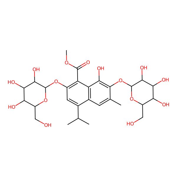 2D Structure of Methyl 8-hydroxy-6-methyl-4-propan-2-yl-2,7-bis[[3,4,5-trihydroxy-6-(hydroxymethyl)oxan-2-yl]oxy]naphthalene-1-carboxylate