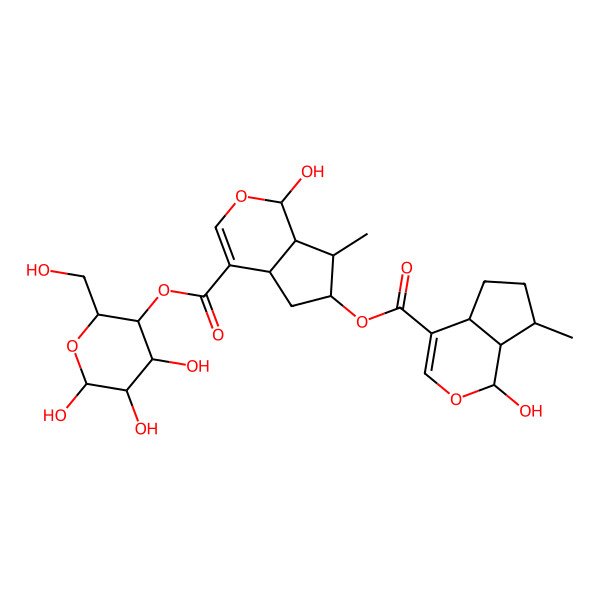 2D Structure of [(2R,3S,4R,5R,6R)-4,5,6-trihydroxy-2-(hydroxymethyl)oxan-3-yl] (1R,4aS,6S,7R,7aS)-6-[(1R,4aS,7S,7aR)-1-hydroxy-7-methyl-1,4a,5,6,7,7a-hexahydrocyclopenta[c]pyran-4-carbonyl]oxy-1-hydroxy-7-methyl-1,4a,5,6,7,7a-hexahydrocyclopenta[c]pyran-4-carboxylate