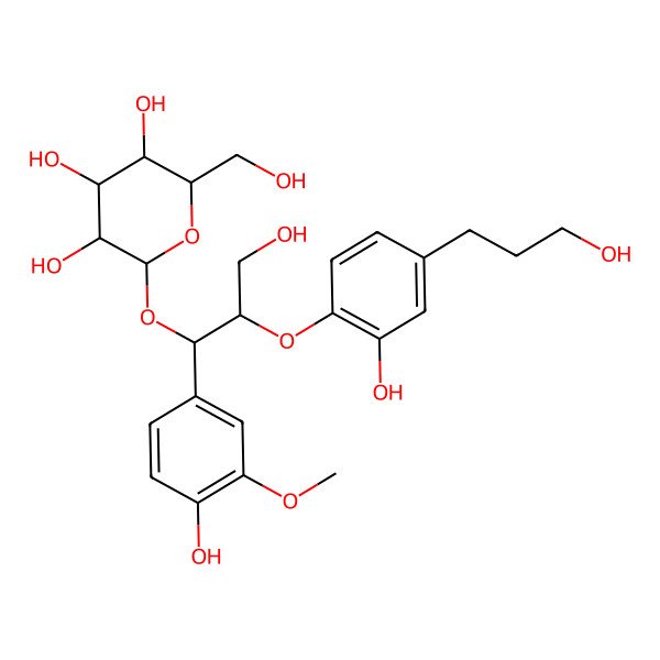 2D Structure of (2S,3S,4R,5R,6S)-2-[(1R,2S)-3-hydroxy-2-[2-hydroxy-4-(3-hydroxypropyl)phenoxy]-1-(4-hydroxy-3-methoxyphenyl)propoxy]-6-(hydroxymethyl)oxane-3,4,5-triol