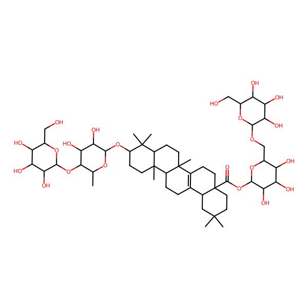 2D Structure of [(2S,3R,4S,5S,6R)-3,4,5-trihydroxy-6-[[(2S,3R,4S,5S,6R)-3,4,5-trihydroxy-6-(hydroxymethyl)oxan-2-yl]oxymethyl]oxan-2-yl] (4aS,6aR,6bR,8aR,10S,12aR,14bS)-10-[(2R,3R,4R,5S,6R)-3,4-dihydroxy-6-methyl-5-[(2S,3R,4S,5S,6R)-3,4,5-trihydroxy-6-(hydroxymethyl)oxan-2-yl]oxyoxan-2-yl]oxy-2,2,6b,9,9,12a-hexamethyl-3,4,5,6,6a,7,8,8a,10,11,12,13,14,14b-tetradecahydro-1H-picene-4a-carboxylate
