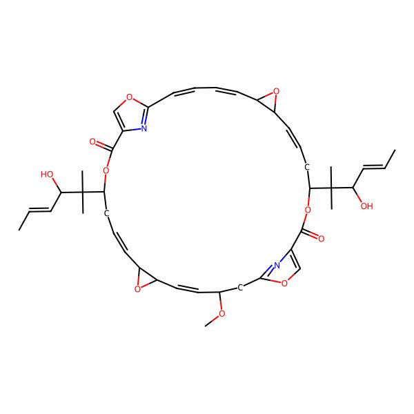 2D Structure of (2Z,4E,6R,8S,9Z,12R,20R,21E,23R,25S,26Z,29S)-12,29-bis[(E,3S)-3-hydroxy-2-methylhex-4-en-2-yl]-20-methoxy-7,13,17,24,30,34-hexaoxa-35,36-diazapentacyclo[30.2.1.115,18.06,8.023,25]hexatriaconta-1(35),2,4,9,15,18(36),21,26,32-nonaene-14,31-dione
