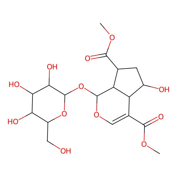 2D Structure of dimethyl (1S,4aS,5S,7S,7aS)-5-hydroxy-1-[(2S,3R,4S,5S,6R)-3,4,5-trihydroxy-6-(hydroxymethyl)oxan-2-yl]oxy-1,4a,5,6,7,7a-hexahydrocyclopenta[c]pyran-4,7-dicarboxylate