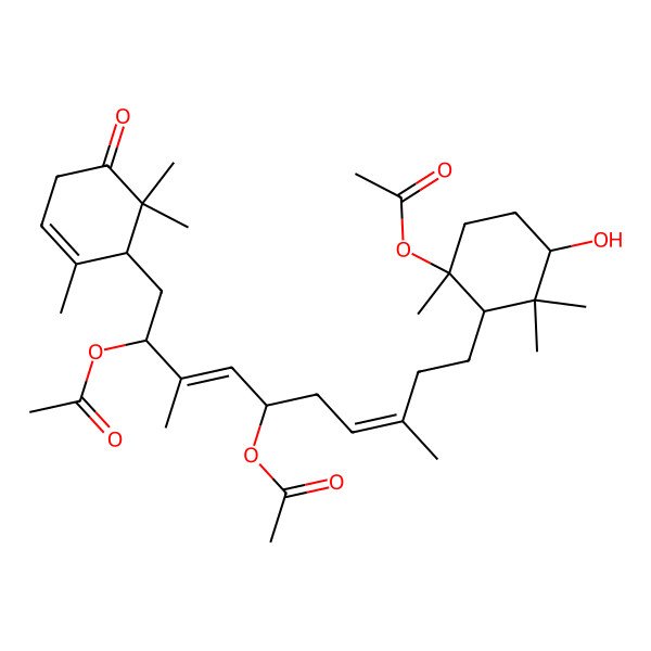 2D Structure of [(2S,3E,5R)-2-acetyloxy-10-[(1S,3S,6S)-6-acetyloxy-3-hydroxy-2,2,6-trimethylcyclohexyl]-3,8-dimethyl-1-[(1R)-2,6,6-trimethyl-5-oxocyclohex-2-en-1-yl]deca-3,7-dien-5-yl] acetate