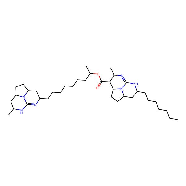 2D Structure of [(2R)-9-[(1R,4S,6R,10S)-10-methyl-7,9,12-triazatricyclo[6.3.1.04,12]dodec-7-en-6-yl]nonan-2-yl] (1S,4S,5S,6R,10R)-10-heptyl-6-methyl-7,9,12-triazatricyclo[6.3.1.04,12]dodec-7-ene-5-carboxylate