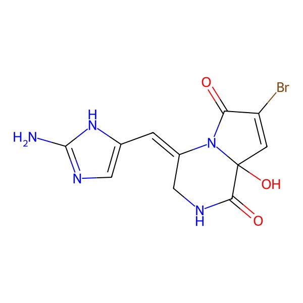 2D Structure of 4-[(2-amino-1H-imidazol-5-yl)methylidene]-7-bromo-8a-hydroxy-2,3-dihydropyrrolo[1,2-a]pyrazine-1,6-dione