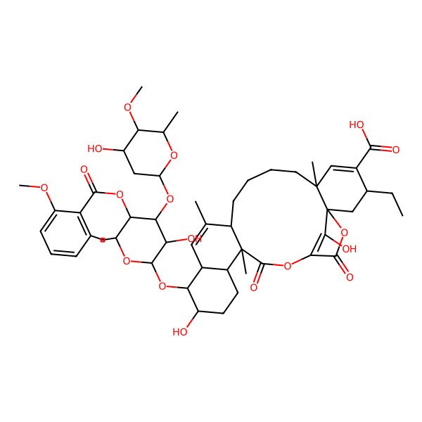 2D Structure of 3-Ethyl-16,26-dihydroxy-15-[3-hydroxy-4-(4-hydroxy-5-methoxy-6-methyloxan-2-yl)oxy-5-(2-methoxy-6-methylbenzoyl)oxy-6-methyloxan-2-yl]oxy-6,12,20-trimethyl-21,24-dioxo-22,25-dioxapentacyclo[21.2.1.01,6.011,20.014,19]hexacosa-4,12,23(26)-triene-4-carboxylic acid