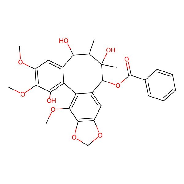 2D Structure of [(8S,9S,10R,11S)-3,8,10-trihydroxy-4,5,19-trimethoxy-9,10-dimethyl-15,17-dioxatetracyclo[10.7.0.02,7.014,18]nonadeca-1(19),2,4,6,12,14(18)-hexaen-11-yl] benzoate