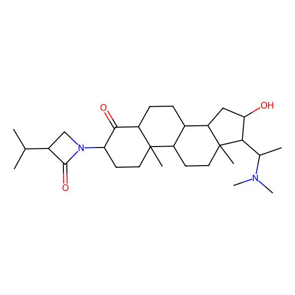 2D Structure of 1-[17-[1-(Dimethylamino)ethyl]-16-hydroxy-10,13-dimethyl-4-oxo-1,2,3,5,6,7,8,9,11,12,14,15,16,17-tetradecahydrocyclopenta[a]phenanthren-3-yl]-3-propan-2-ylazetidin-2-one