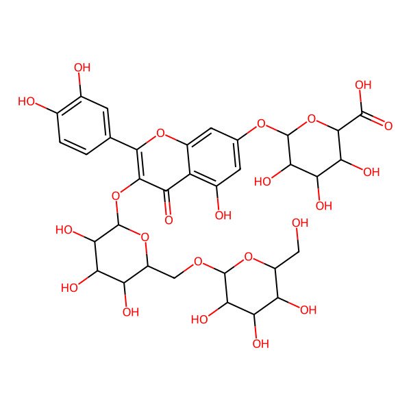 2D Structure of (2S,3S,4S,5S,6S)-6-[2-(3,4-dihydroxyphenyl)-5-hydroxy-4-oxo-3-[(2S,3R,4S,5S,6R)-3,4,5-trihydroxy-6-[[(2S,3S,4S,5S,6S)-3,4,5-trihydroxy-6-(hydroxymethyl)oxan-2-yl]oxymethyl]oxan-2-yl]oxychromen-7-yl]oxy-3,4,5-trihydroxyoxane-2-carboxylic acid