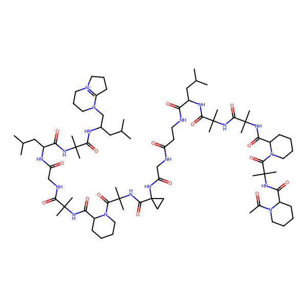 2D Structure of 1-acetyl-N-[1-[2-[[1-[[1-[[1-[[3-[[2-[[1-[[1-[2-[[1-[[2-[[1-[[1-[[1-(2,3,4,6,7,8-hexahydropyrrolo[1,2-a]pyrimidin-5-ium-1-yl)-4-methylpentan-2-yl]amino]-2-methyl-1-oxopropan-2-yl]amino]-4-methyl-1-oxopentan-2-yl]amino]-2-oxoethyl]amino]-2-methyl-1-oxopropan-2-yl]carbamoyl]piperidin-1-yl]-2-methyl-1-oxopropan-2-yl]carbamoyl]cyclopropyl]amino]-2-oxoethyl]amino]-3-oxopropyl]amino]-4-methyl-1-oxopentan-2-yl]amino]-2-methyl-1-oxopropan-2-yl]amino]-2-methyl-1-oxopropan-2-yl]carbamoyl]piperidin-1-yl]-2-methyl-1-oxopropan-2-yl]piperidine-2-carboxamide