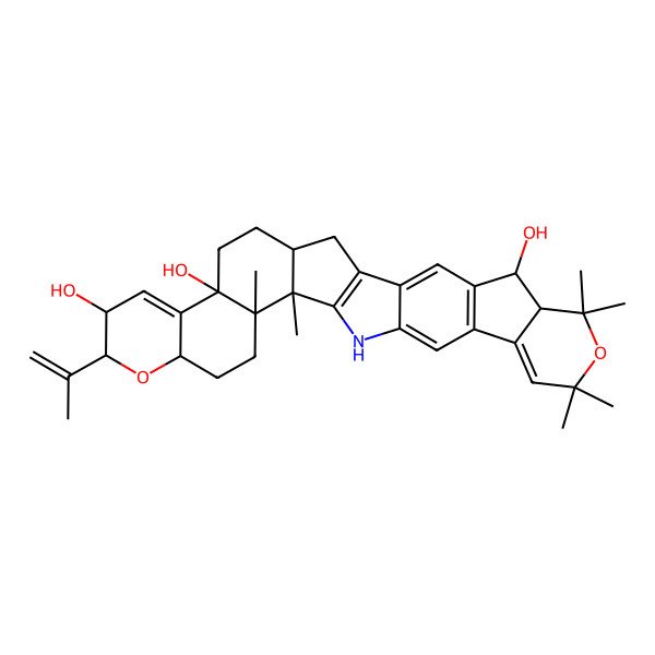 2D Structure of 2,3,5,6,6a,7,9,9a,10,12,15,15b,15c,16,17,17a-Hexadecahydro-10,10,12,12,15b,15c-hexamethyl-2-(1-methylethenyl)-4bH-1-benzopyrano(5',6':6,7)indeno(1,2-b)pyrano(4',3':3,4)cyclopent(1,2-f)indole-3,4b,9-triol