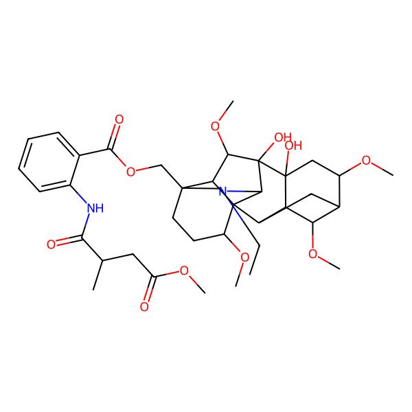 2D Structure of (11-Ethyl-8,9-dihydroxy-4,6,16,18-tetramethoxy-11-azahexacyclo[7.7.2.12,5.01,10.03,8.013,17]nonadecan-13-yl)methyl 2-[(4-methoxy-2-methyl-4-oxobutanoyl)amino]benzoate