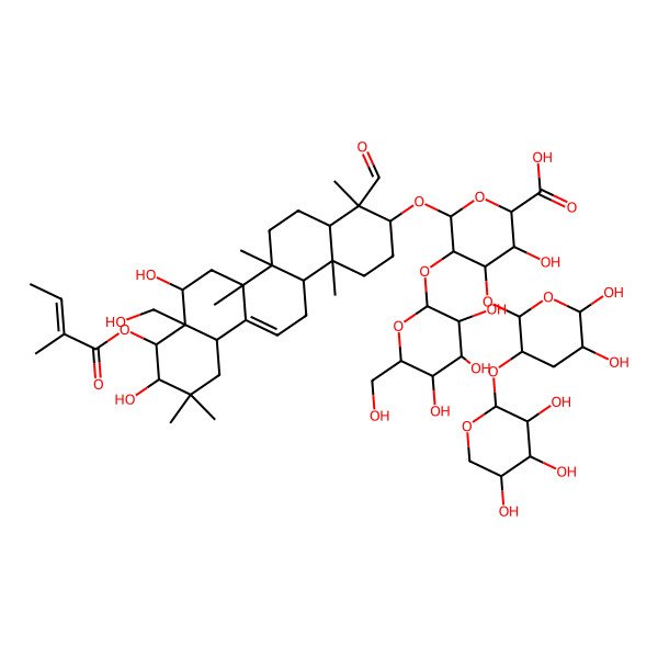 2D Structure of (2S,3S,4S,5R,6R)-6-[[(3S,4S,4aR,6aR,6bS,8R,8aR,9R,10R,12aS,14aR,14bR)-4-formyl-8,10-dihydroxy-8a-(hydroxymethyl)-4,6a,6b,11,11,14b-hexamethyl-9-[(Z)-2-methylbut-2-enoyl]oxy-1,2,3,4a,5,6,7,8,9,10,12,12a,14,14a-tetradecahydropicen-3-yl]oxy]-4-[(2R,3R,5R,6S)-5,6-dihydroxy-3-[(2S,3R,4S,5R)-3,4,5-trihydroxyoxan-2-yl]oxyoxan-2-yl]oxy-3-hydroxy-5-[(2S,3R,4S,5R,6R)-3,4,5-trihydroxy-6-(hydroxymethyl)oxan-2-yl]oxyoxane-2-carboxylic acid