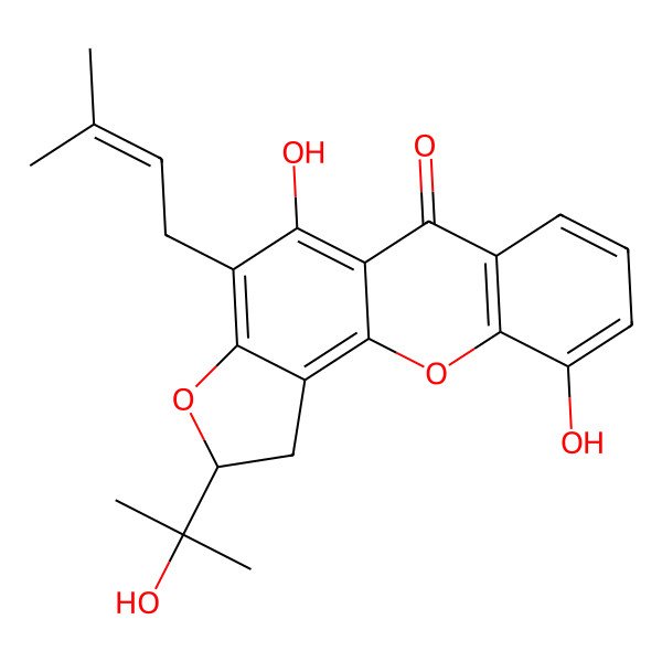 2D Structure of (2S)-5,10-dihydroxy-2-(2-hydroxypropan-2-yl)-4-(3-methylbut-2-enyl)-1,2-dihydrofuro[2,3-c]xanthen-6-one
