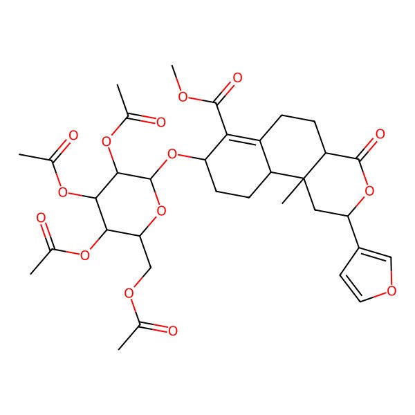 2D Structure of methyl 2-(furan-3-yl)-10b-methyl-4-oxo-8-[3,4,5-triacetyloxy-6-(acetyloxymethyl)oxan-2-yl]oxy-2,4a,5,6,8,9,10,10a-octahydro-1H-benzo[f]isochromene-7-carboxylate