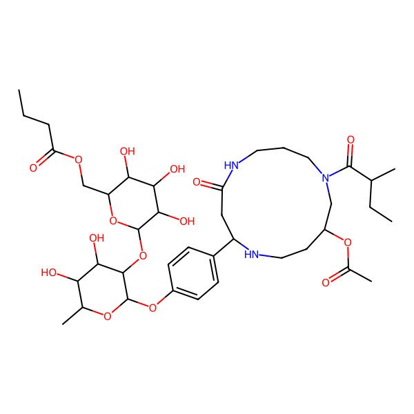 2D Structure of [(2R,3S,4S,5R,6S)-6-[(2S,3R,4R,5R,6S)-2-[4-[(2S,11R)-11-acetyloxy-9-[(2S)-2-methylbutanoyl]-4-oxo-1,5,9-triazacyclotridec-2-yl]phenoxy]-4,5-dihydroxy-6-methyloxan-3-yl]oxy-3,4,5-trihydroxyoxan-2-yl]methyl butanoate