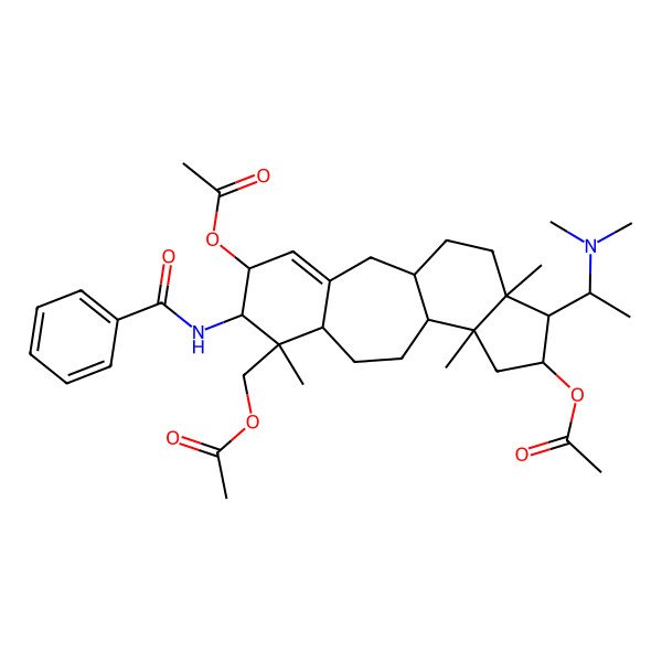 2D Structure of [(1R,5R,6R,7S,8R,11R,12S,14R,15S,16R)-5,14-diacetyloxy-6-benzamido-15-[(1S)-1-(dimethylamino)ethyl]-7,12,16-trimethyl-7-tetracyclo[9.7.0.03,8.012,16]octadec-3-enyl]methyl acetate
