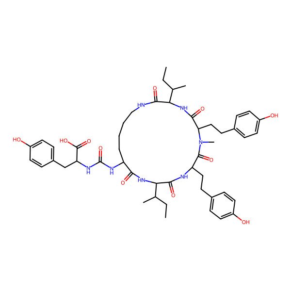 2D Structure of 2-[[3,12-Di(butan-2-yl)-6,9-bis[2-(4-hydroxyphenyl)ethyl]-7-methyl-2,5,8,11,14-pentaoxo-1,4,7,10,13-pentazacyclononadec-15-yl]carbamoylamino]-3-(4-hydroxyphenyl)propanoic acid
