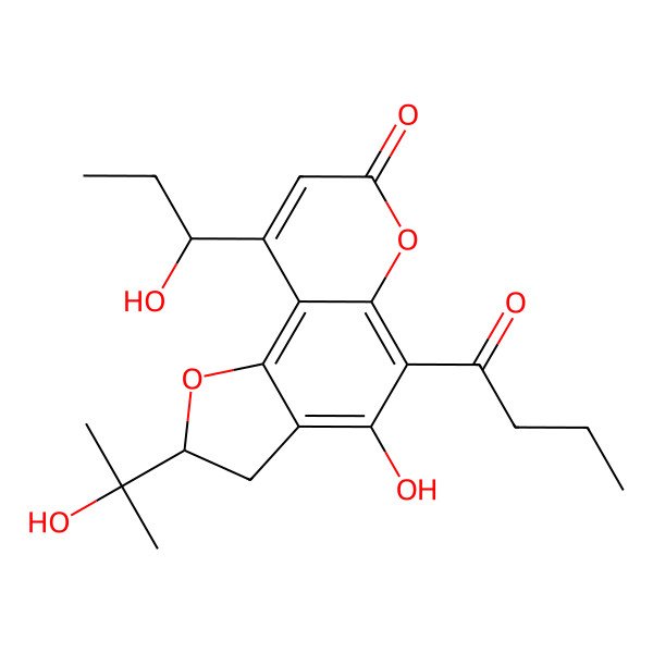 2D Structure of (2S)-5-butanoyl-4-hydroxy-2-(2-hydroxypropan-2-yl)-9-[(1S)-1-hydroxypropyl]-2,3-dihydrofuro[2,3-f]chromen-7-one