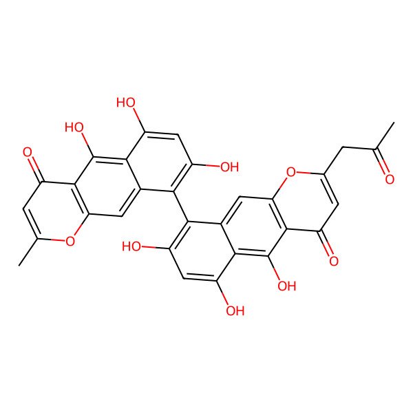 2D Structure of 5,6,8-trihydroxy-2-methyl-9-[5,6,8-trihydroxy-4-oxo-2-(2-oxopropyl)benzo[g]chromen-9-yl]benzo[g]chromen-4-one
