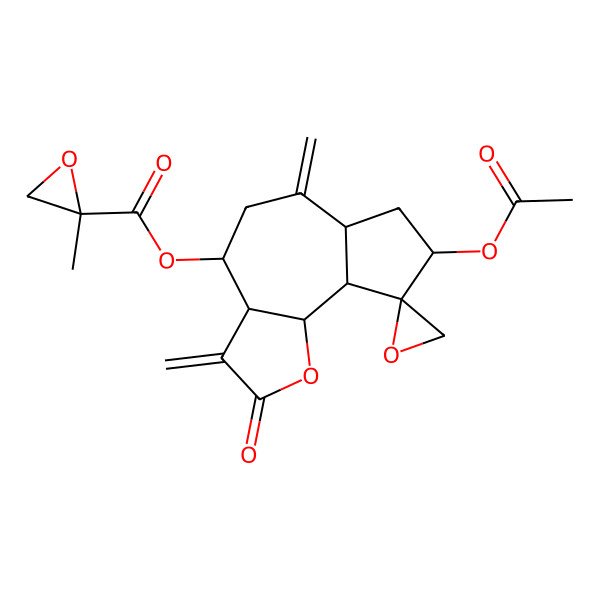 2D Structure of [(3aR,4S,6aR,8S,9S,9aS,9bS)-8-acetyloxy-3,6-dimethylidene-2-oxospiro[3a,4,5,6a,7,8,9a,9b-octahydroazuleno[4,5-b]furan-9,2'-oxirane]-4-yl] 2-methyloxirane-2-carboxylate