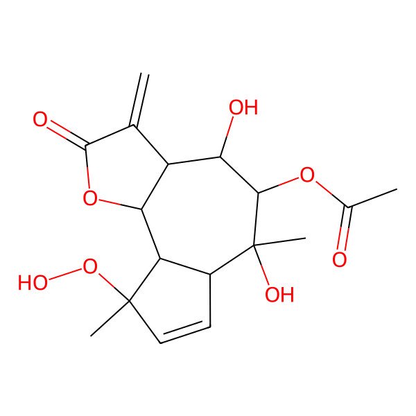 2D Structure of [(3aR,4R,5R,6S,6aR,9R,9aS,9bS)-9-hydroperoxy-4,6-dihydroxy-6,9-dimethyl-3-methylidene-2-oxo-3a,4,5,6a,9a,9b-hexahydroazuleno[4,5-b]furan-5-yl] acetate