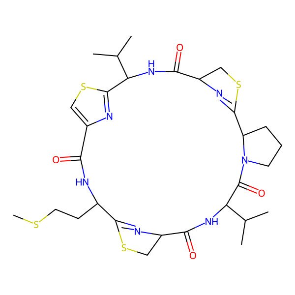 2D Structure of (2S,8S,11R,15S,22S)-15-(2-methylsulfanylethyl)-8,22-di(propan-2-yl)-13,20,27-trithia-6,9,16,23,28,29,30-heptazapentacyclo[23.2.1.111,14.118,21.02,6]triaconta-1(28),14(30),18,21(29)-tetraene-7,10,17,24-tetrone