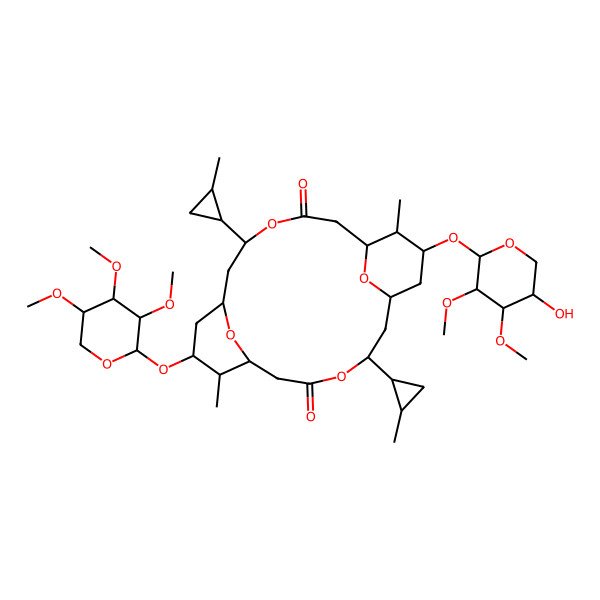 2D Structure of (1S,5S,7S,9S,10S,11S,15S,17S,19S,20S)-9-[(2S,3R,4R,5R)-5-hydroxy-3,4-dimethoxyoxan-2-yl]oxy-10,20-dimethyl-5,15-bis[(1S,2S)-2-methylcyclopropyl]-19-[(2R,3R,4S,5S)-3,4,5-trimethoxyoxan-2-yl]oxy-4,14,21,22-tetraoxatricyclo[15.3.1.17,11]docosane-3,13-dione