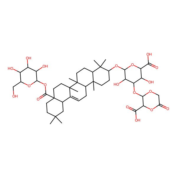 2D Structure of (2R,3S)-3-[(2R,3R,4S,5S,6S)-2-[[(3S,4aR,6aR,6bS,8aS,12aS,14aR,14bR)-4,4,6a,6b,11,11,14b-heptamethyl-8a-[(2S,3R,4S,5S,6R)-3,4,5-trihydroxy-6-(hydroxymethyl)oxan-2-yl]oxycarbonyl-1,2,3,4a,5,6,7,8,9,10,12,12a,14,14a-tetradecahydropicen-3-yl]oxy]-6-carboxy-3,5-dihydroxyoxan-4-yl]oxy-6-oxo-1,4-dioxane-2-carboxylic acid