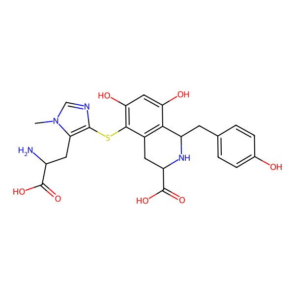 2D Structure of (1S,3S)-5-[5-(2-amino-2-carboxyethyl)-1-methylimidazol-4-yl]sulfanyl-6,8-dihydroxy-1-[(4-hydroxyphenyl)methyl]-1,2,3,4-tetrahydroisoquinoline-3-carboxylic acid