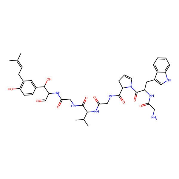 2D Structure of (2S)-1-[(2S)-2-[(2-aminoacetyl)amino]-3-(1H-indol-3-yl)propanoyl]-N-[2-[[(2S)-1-[[2-[[(1R,2S)-1-hydroxy-1-[4-hydroxy-3-(3-methylbut-2-enyl)phenyl]-3-oxopropan-2-yl]amino]-2-oxoethyl]amino]-3-methyl-1-oxobutan-2-yl]amino]-2-oxoethyl]-2,3-dihydropyrrole-2-carboxamide
