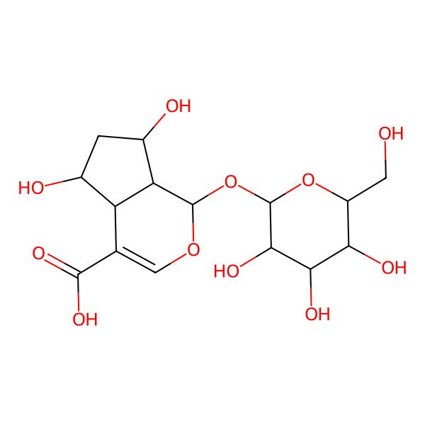 2D Structure of 5,7-Dihydroxy-1-[3,4,5-trihydroxy-6-(hydroxymethyl)oxan-2-yl]oxy-1,4a,5,6,7,7a-hexahydrocyclopenta[c]pyran-4-carboxylic acid