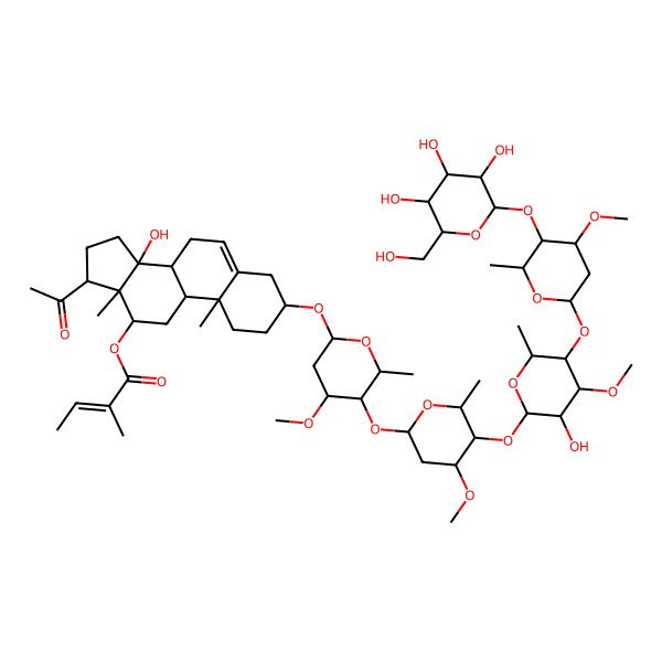 2D Structure of [17-Acetyl-14-hydroxy-3-[5-[5-[3-hydroxy-4-methoxy-5-[4-methoxy-6-methyl-5-[3,4,5-trihydroxy-6-(hydroxymethyl)oxan-2-yl]oxyoxan-2-yl]oxy-6-methyloxan-2-yl]oxy-4-methoxy-6-methyloxan-2-yl]oxy-4-methoxy-6-methyloxan-2-yl]oxy-10,13-dimethyl-1,2,3,4,7,8,9,11,12,15,16,17-dodecahydrocyclopenta[a]phenanthren-12-yl] 2-methylbut-2-enoate